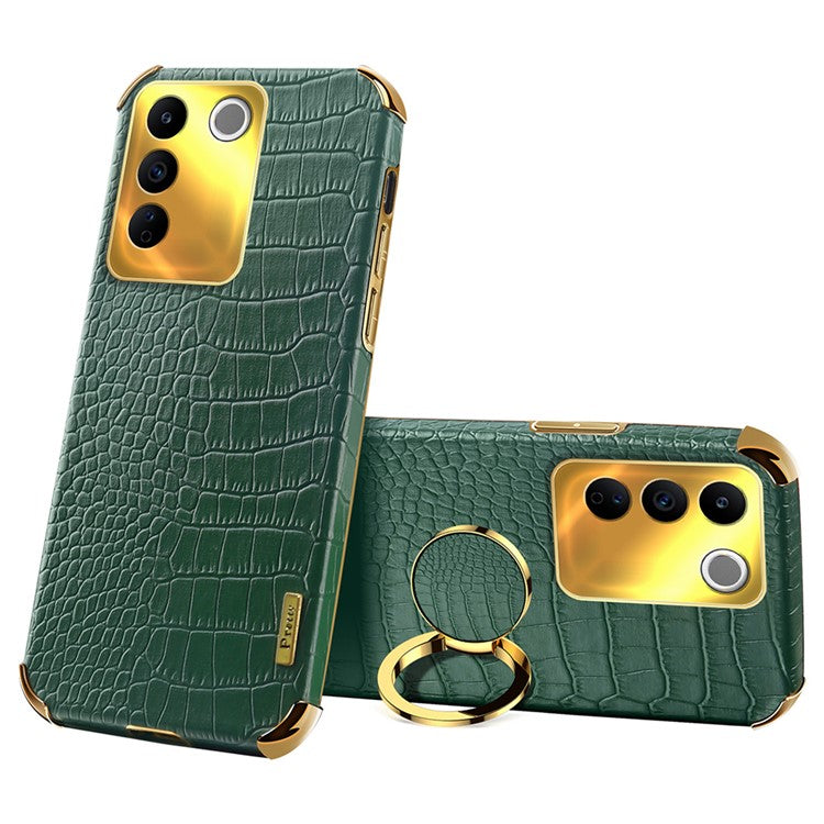 For vivo S16e 5G Precise Cutout  6D Electroplated Case Crocodile Texture Leather Coated TPU Cover with Ring Kickstand - Green