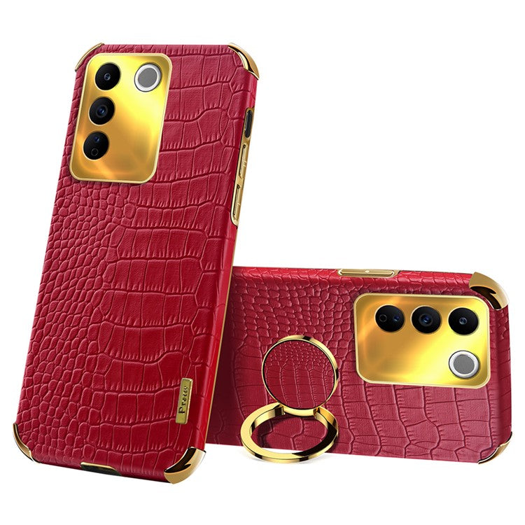 For vivo S16e 5G Precise Cutout  6D Electroplated Case Crocodile Texture Leather Coated TPU Cover with Ring Kickstand - Red