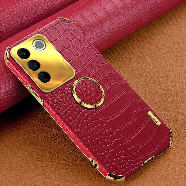 For vivo S16e 5G Precise Cutout  6D Electroplated Case Crocodile Texture Leather Coated TPU Cover with Ring Kickstand - Red