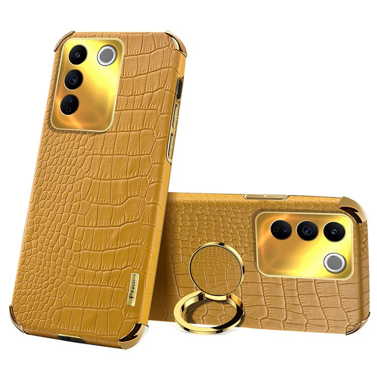 For vivo S16e 5G Precise Cutout  6D Electroplated Case Crocodile Texture Leather Coated TPU Cover with Ring Kickstand - Yellow