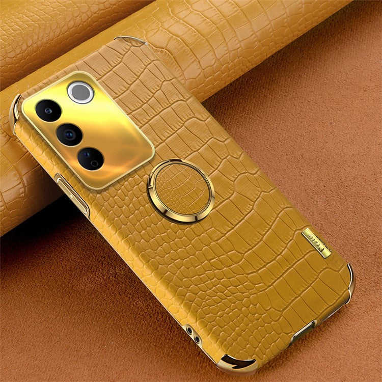 For vivo S16e 5G Precise Cutout  6D Electroplated Case Crocodile Texture Leather Coated TPU Cover with Ring Kickstand - Yellow