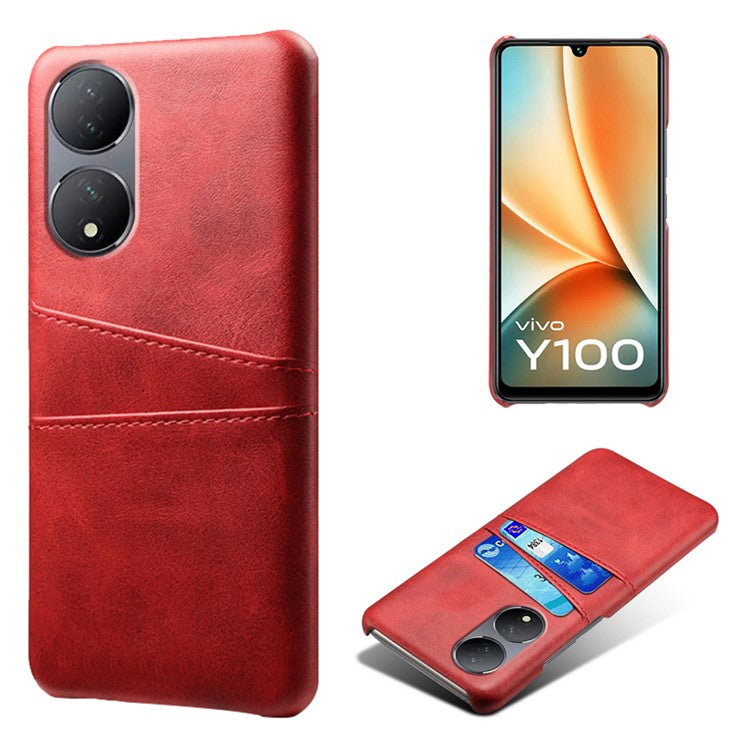 For vivo Y100 5G Drop Protection Phone Case Dual Card Slots PU Leather Coated PC Cover - Red