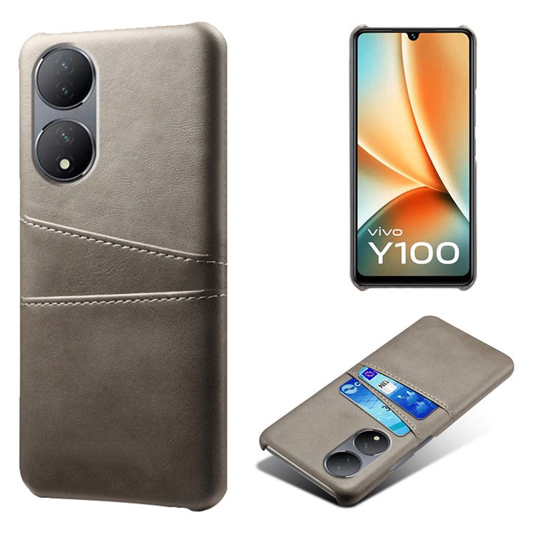 For vivo Y100 5G Drop Protection Phone Case Dual Card Slots PU Leather Coated PC Cover - Grey