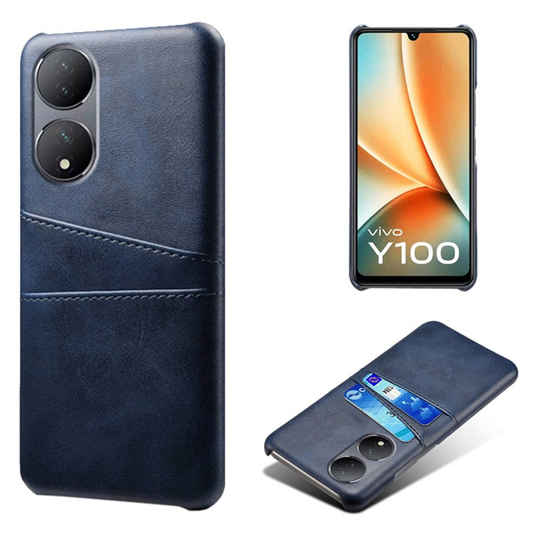 For vivo Y100 5G Drop Protection Phone Case Dual Card Slots PU Leather Coated PC Cover - Blue