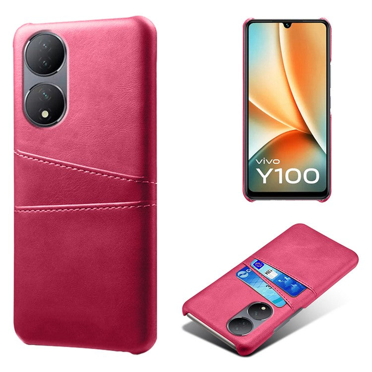 For vivo Y100 5G Drop Protection Phone Case Dual Card Slots PU Leather Coated PC Cover - Rose