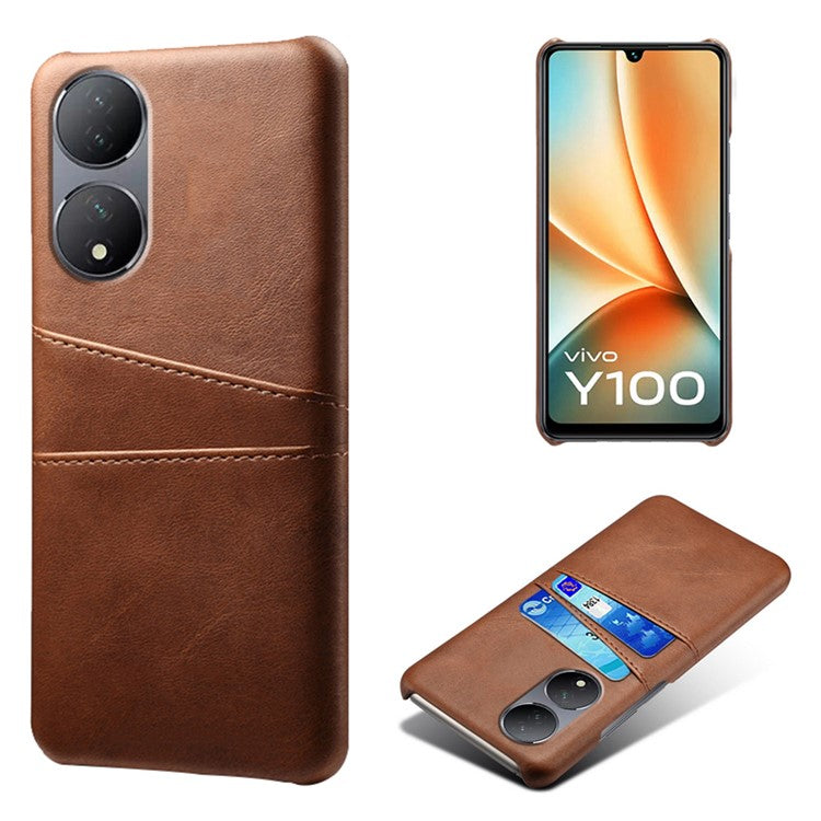 For vivo Y100 5G Drop Protection Phone Case Dual Card Slots PU Leather Coated PC Cover - Brown