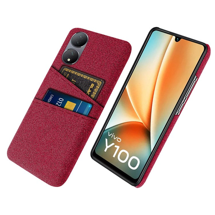 Dual Card Slots Phone Case for vivo Y100 5G , Hard PC + Cloth Cell Phone Cover - Red