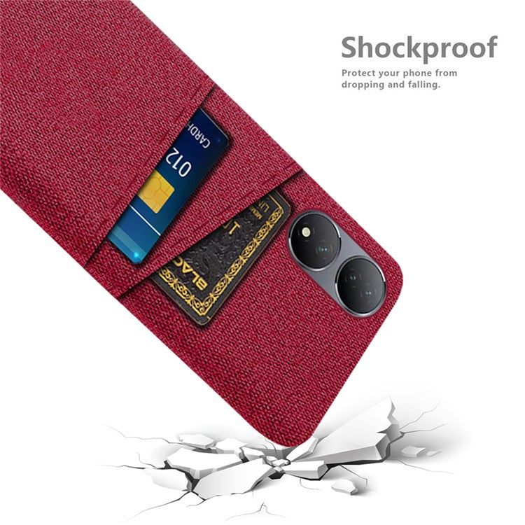 Dual Card Slots Phone Case for vivo Y100 5G , Hard PC + Cloth Cell Phone Cover - Red