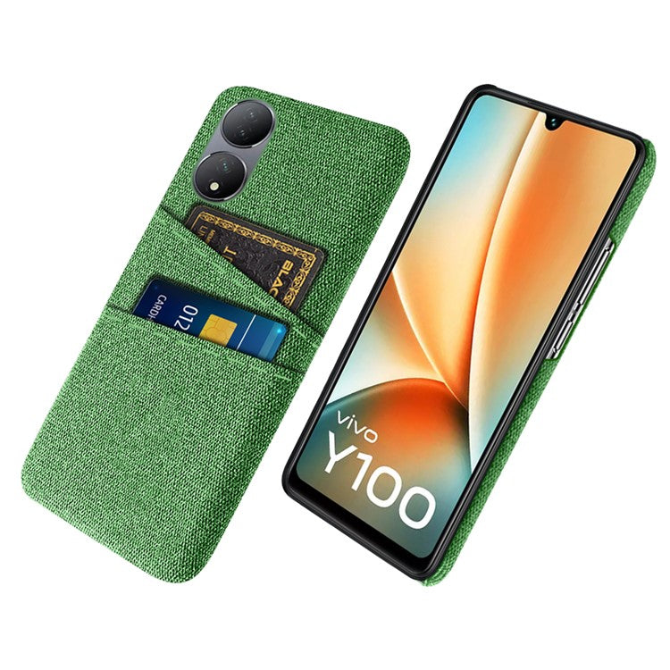 Dual Card Slots Phone Case for vivo Y100 5G , Hard PC + Cloth Cell Phone Cover - Green