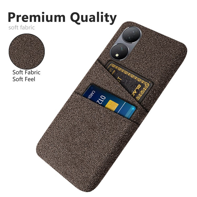 Dual Card Slots Phone Case for vivo Y100 5G , Hard PC + Cloth Cell Phone Cover - Brown