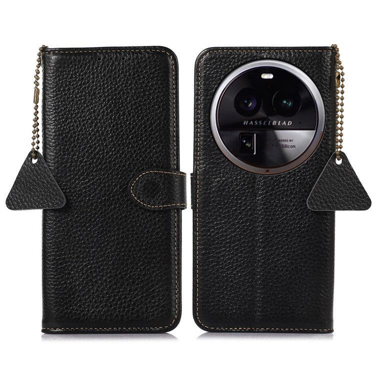 Phone Cover for Oppo Find X6 Pro RFID Blocking Litchi Texture Genuine Cow Leather Wallet Stand Case - Black