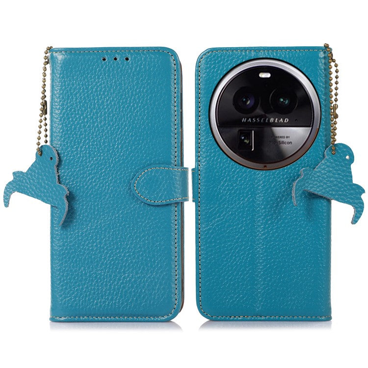 Phone Cover for Oppo Find X6 Pro RFID Blocking Litchi Texture Genuine Cow Leather Wallet Stand Case - Blue