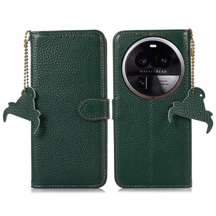 Phone Cover for Oppo Find X6 Pro RFID Blocking Litchi Texture Genuine Cow Leather Wallet Stand Case - Green