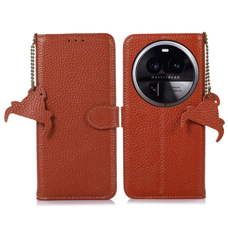 Phone Cover for Oppo Find X6 Pro RFID Blocking Litchi Texture Genuine Cow Leather Wallet Stand Case - Brown