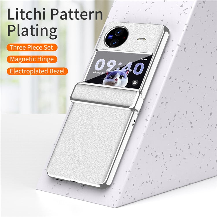 Electroplating Phone Case for vivo X Flip , Litchi Texture PU Leather Coated PC Folding Phone Cover - White