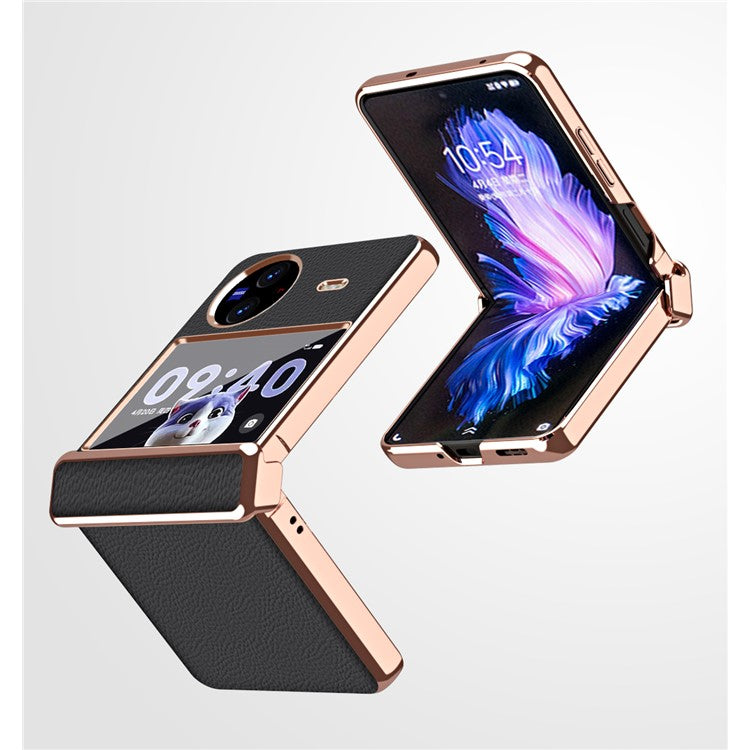 Electroplating Phone Case for vivo X Flip , Litchi Texture PU Leather Coated PC Folding Phone Cover - Black