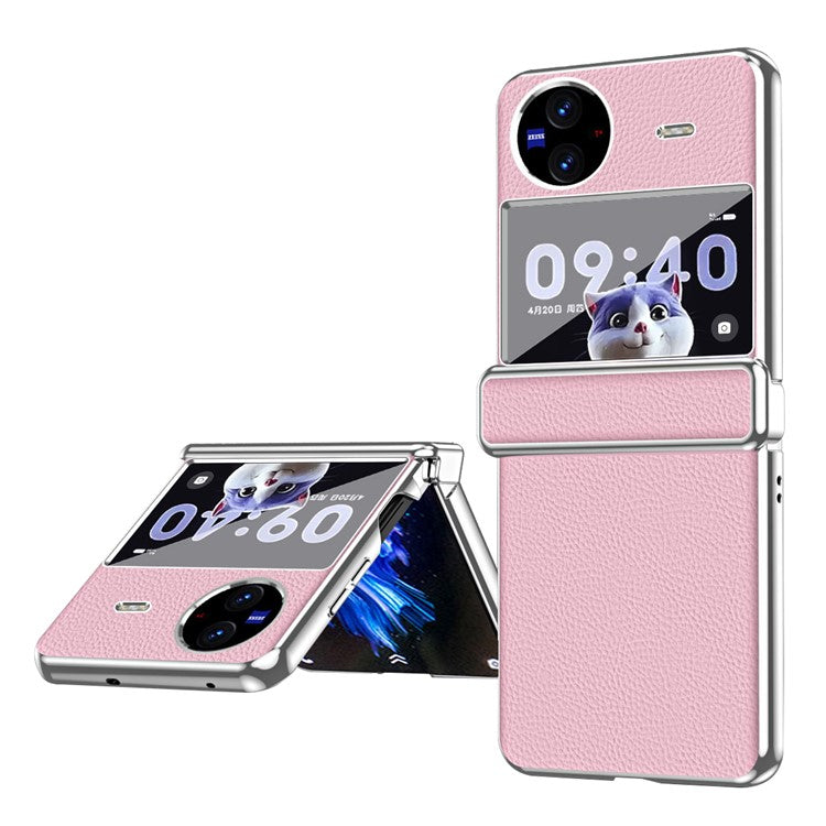 Electroplating Phone Case for vivo X Flip , Litchi Texture PU Leather Coated PC Folding Phone Cover - Pink