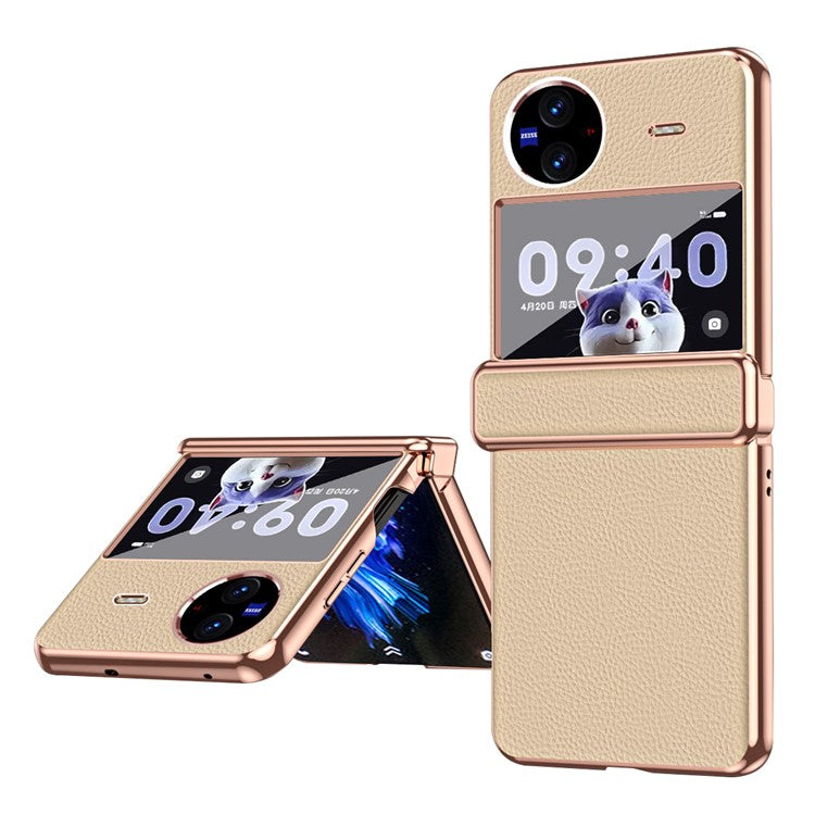 Electroplating Phone Case for vivo X Flip , Litchi Texture PU Leather Coated PC Folding Phone Cover - Champagne Gold