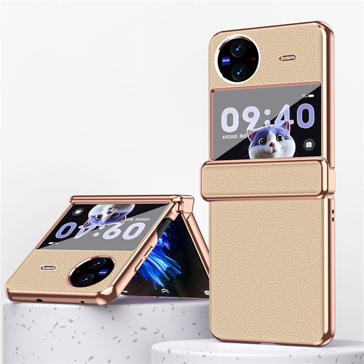 Electroplating Phone Case for vivo X Flip , Litchi Texture PU Leather Coated PC Folding Phone Cover - Champagne Gold