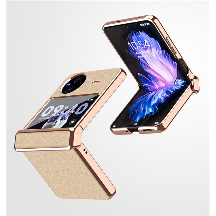 Electroplating Phone Case for vivo X Flip , Litchi Texture PU Leather Coated PC Folding Phone Cover - Champagne Gold