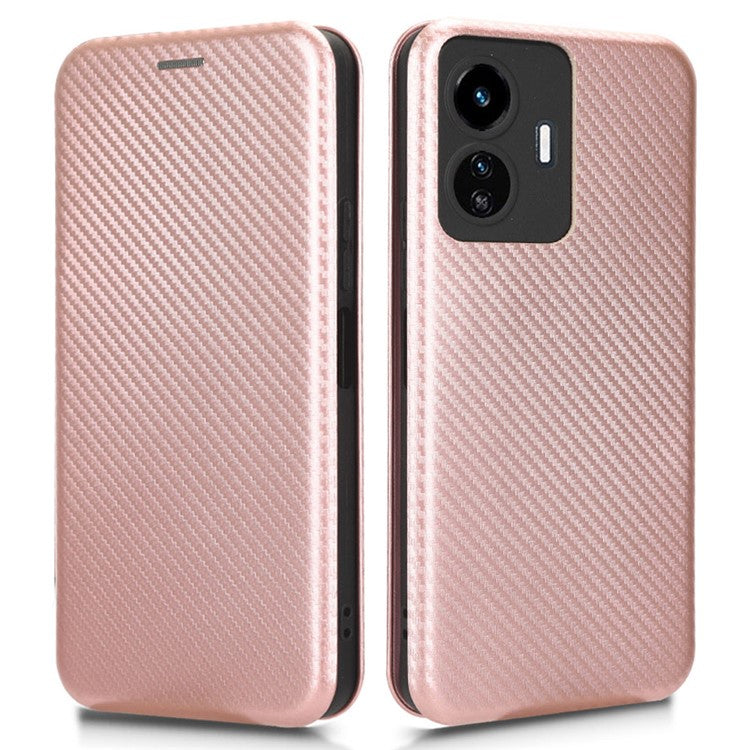 For vivo Y77 5G Carbon Fiber Texture Leather Phone Case Cover with Stand Card Holder - Rose Gold