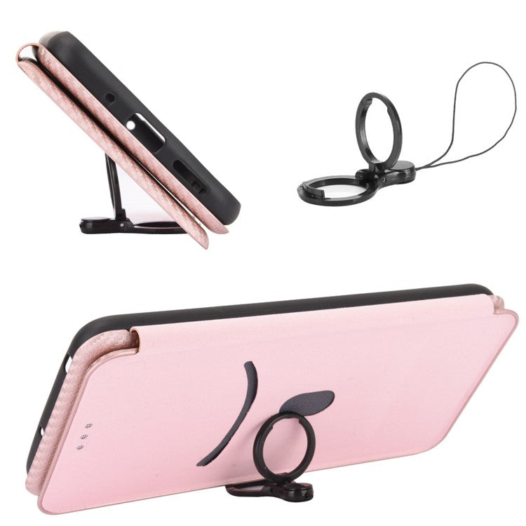 For vivo Y77 5G Carbon Fiber Texture Leather Phone Case Cover with Stand Card Holder - Rose Gold