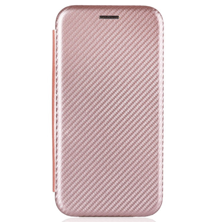 For vivo Y77 5G Carbon Fiber Texture Leather Phone Case Cover with Stand Card Holder - Rose Gold