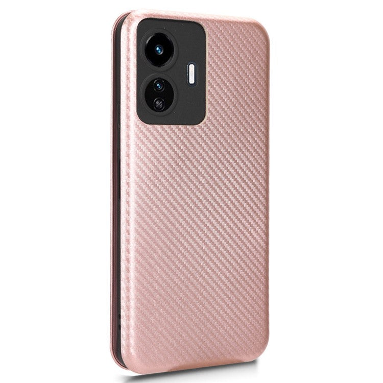 For vivo Y77 5G Carbon Fiber Texture Leather Phone Case Cover with Stand Card Holder - Rose Gold