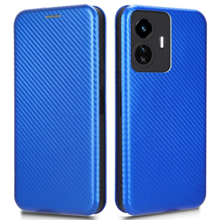 For vivo Y77 5G Carbon Fiber Texture Leather Phone Case Cover with Stand Card Holder - Blue