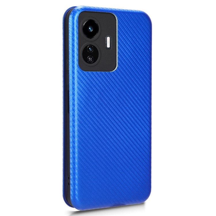 For vivo Y77 5G Carbon Fiber Texture Leather Phone Case Cover with Stand Card Holder - Blue