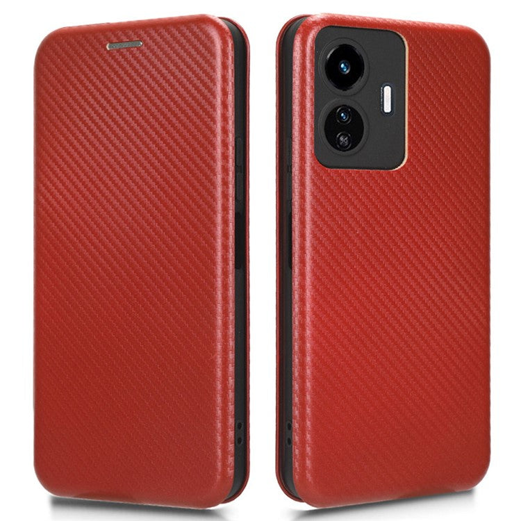 For vivo Y77 5G Carbon Fiber Texture Leather Phone Case Cover with Stand Card Holder - Brown