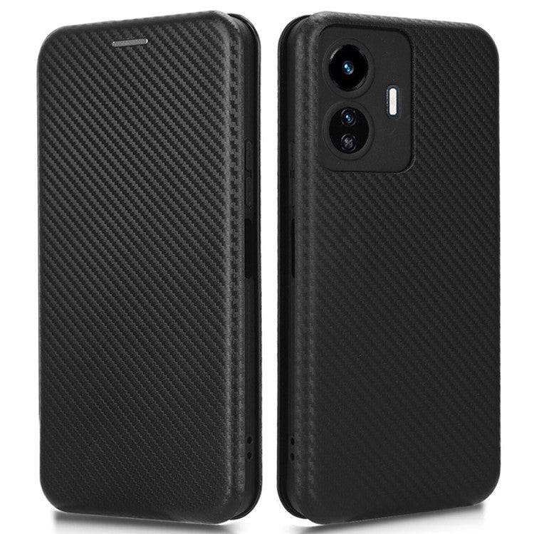 For vivo Y77 5G Carbon Fiber Texture Leather Phone Case Cover with Stand Card Holder - Black