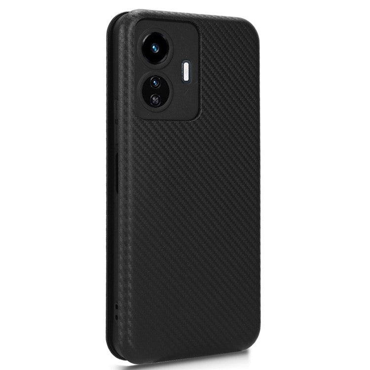 For vivo Y77 5G Carbon Fiber Texture Leather Phone Case Cover with Stand Card Holder - Black