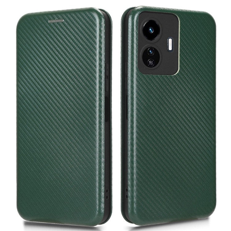 For vivo Y77 5G Carbon Fiber Texture Leather Phone Case Cover with Stand Card Holder - Green