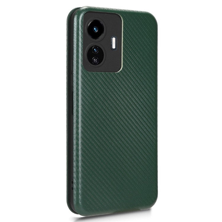 For vivo Y77 5G Carbon Fiber Texture Leather Phone Case Cover with Stand Card Holder - Green