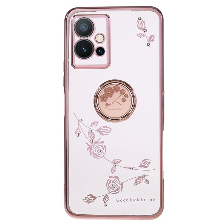 KADEM Flower TPU Case for vivo Y75 5G / T1 5G / Y33e 5G / Y30 5G / Y55s 5G / iQOO Z6 , Rhinestone Electroplating Kickstand Phone Cover - Rose Gold