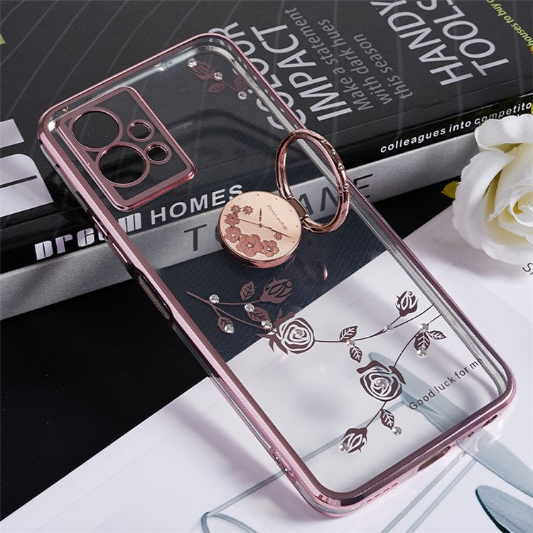 KADEM Flower TPU Case for vivo Y75 5G / T1 5G / Y33e 5G / Y30 5G / Y55s 5G / iQOO Z6 , Rhinestone Electroplating Kickstand Phone Cover - Rose Gold