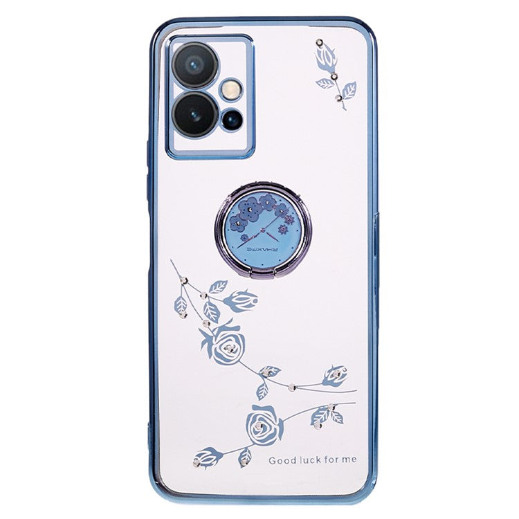 KADEM Flower TPU Case for vivo Y75 5G / T1 5G / Y33e 5G / Y30 5G / Y55s 5G / iQOO Z6 , Rhinestone Electroplating Kickstand Phone Cover - Blue