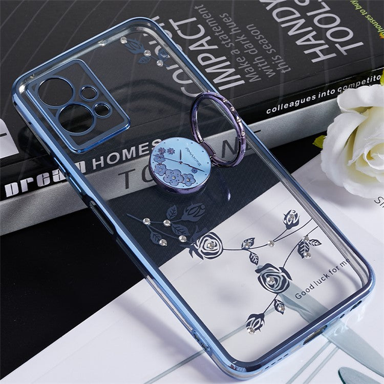 KADEM Flower TPU Case for vivo Y75 5G / T1 5G / Y33e 5G / Y30 5G / Y55s 5G / iQOO Z6 , Rhinestone Electroplating Kickstand Phone Cover - Blue