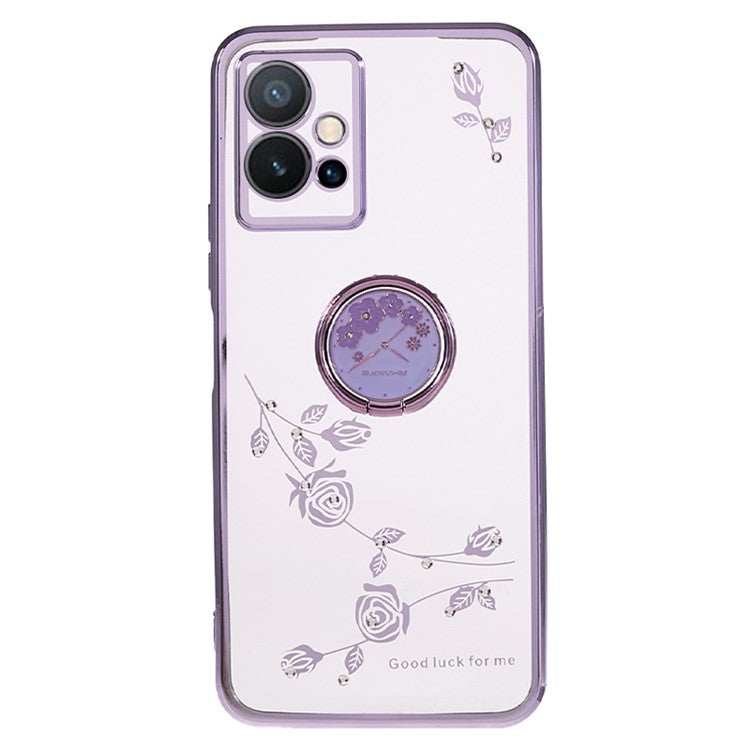 KADEM Flower TPU Case for vivo Y75 5G / T1 5G / Y33e 5G / Y30 5G / Y55s 5G / iQOO Z6 , Rhinestone Electroplating Kickstand Phone Cover - Purple