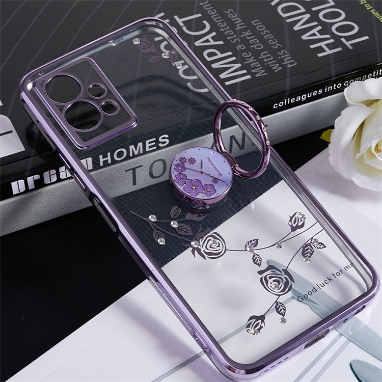 KADEM Flower TPU Case for vivo Y75 5G / T1 5G / Y33e 5G / Y30 5G / Y55s 5G / iQOO Z6 , Rhinestone Electroplating Kickstand Phone Cover - Purple