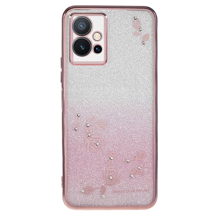 KADEM Flower Gradient Glitter Phone Case for vivo Y75 5G / T1 5G / Y33e 5G / Y30 5G / Y55s 5G / iQOO Z6 , Rhinestone Soft TPU Cover - Rose Gold