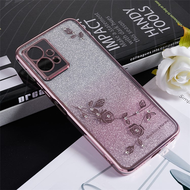 KADEM Flower Gradient Glitter Phone Case for vivo Y75 5G / T1 5G / Y33e 5G / Y30 5G / Y55s 5G / iQOO Z6 , Rhinestone Soft TPU Cover - Rose Gold