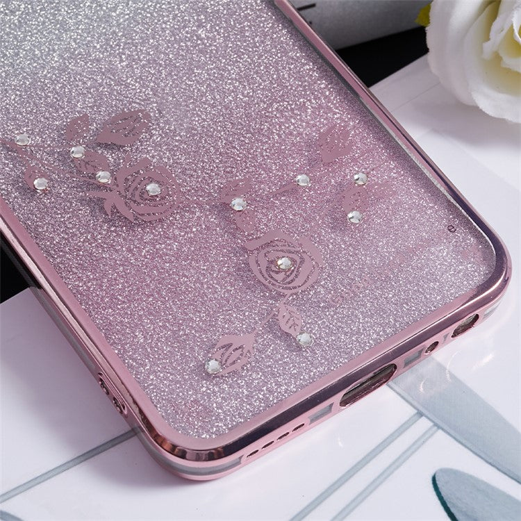 KADEM Flower Gradient Glitter Phone Case for vivo Y75 5G / T1 5G / Y33e 5G / Y30 5G / Y55s 5G / iQOO Z6 , Rhinestone Soft TPU Cover - Rose Gold