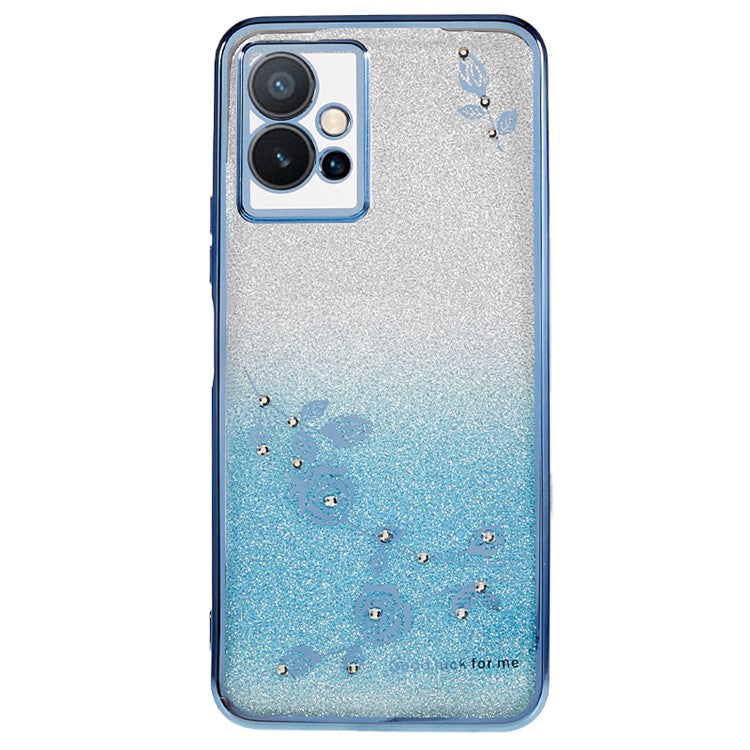 KADEM Flower Gradient Glitter Phone Case for vivo Y75 5G / T1 5G / Y33e 5G / Y30 5G / Y55s 5G / iQOO Z6 , Rhinestone Soft TPU Cover - Blue