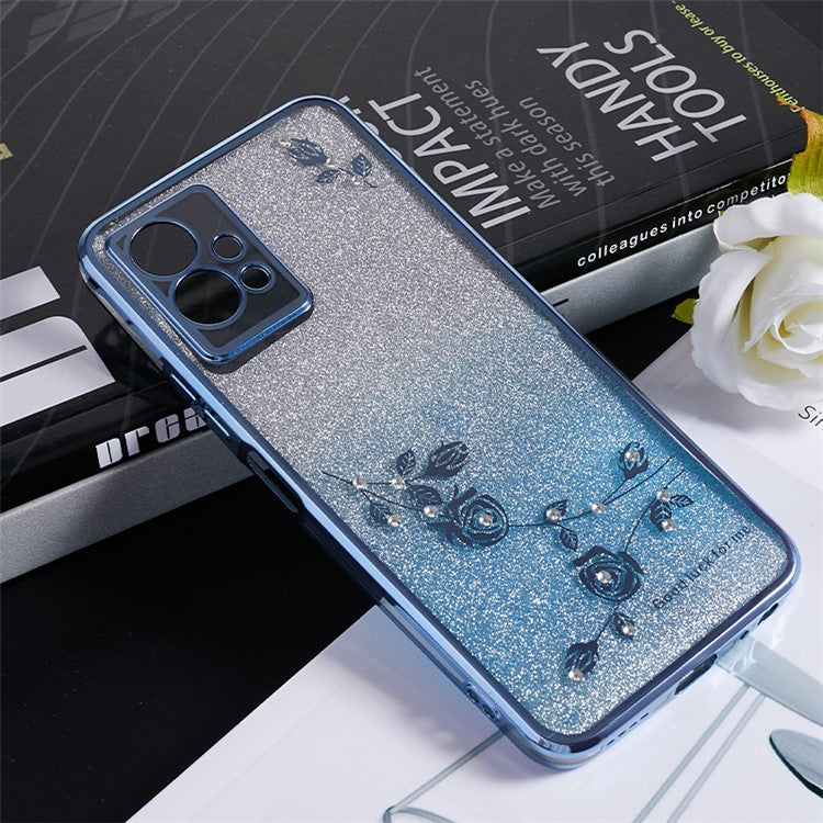 KADEM Flower Gradient Glitter Phone Case for vivo Y75 5G / T1 5G / Y33e 5G / Y30 5G / Y55s 5G / iQOO Z6 , Rhinestone Soft TPU Cover - Blue