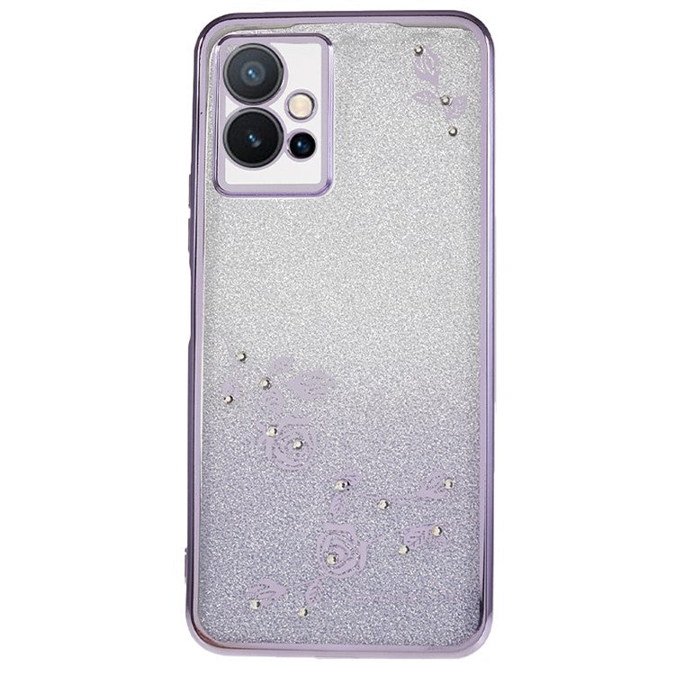 KADEM Flower Gradient Glitter Phone Case for vivo Y75 5G / T1 5G / Y33e 5G / Y30 5G / Y55s 5G / iQOO Z6 , Rhinestone Soft TPU Cover - Purple