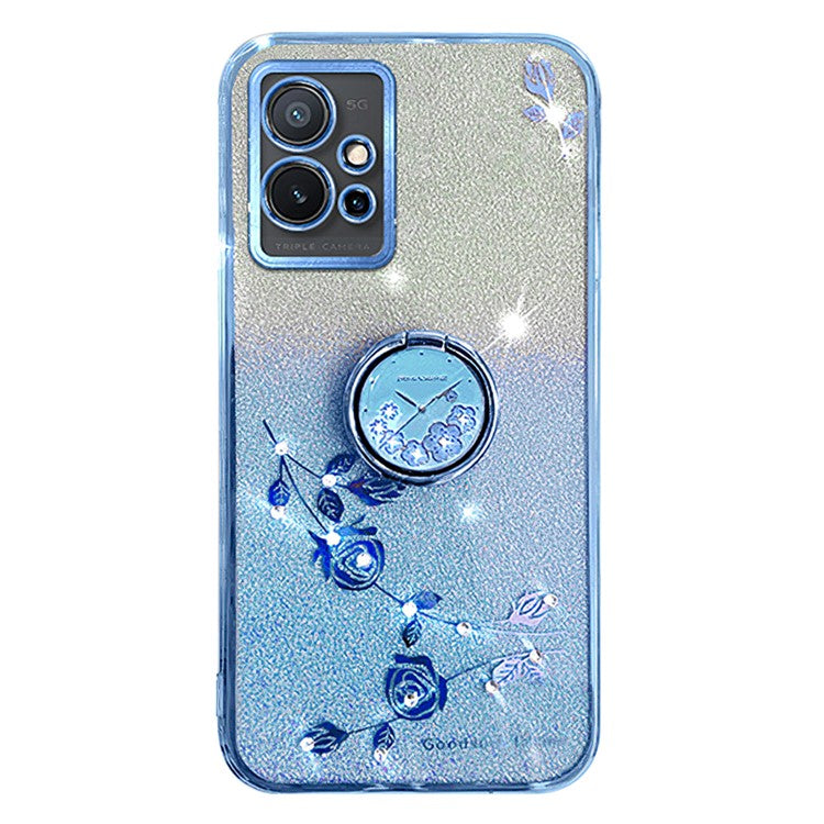 KADEM For vivo Y75 5G / T1 5G / Y33e 5G / Y30 5G / Y55s (2023) 5G / iQOO Z6 Glitter Gradient Rhinestone Flower TPU Case Cover with Kickstand - Blue