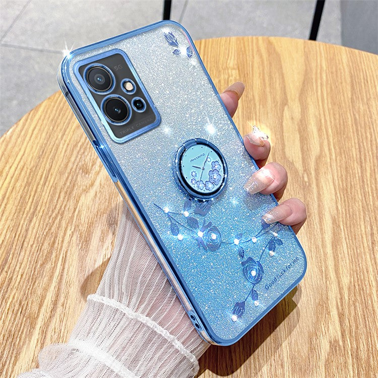 KADEM For vivo Y75 5G / T1 5G / Y33e 5G / Y30 5G / Y55s (2023) 5G / iQOO Z6 Glitter Gradient Rhinestone Flower TPU Case Cover with Kickstand - Blue