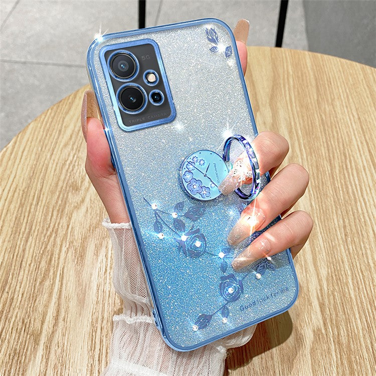 KADEM For vivo Y75 5G / T1 5G / Y33e 5G / Y30 5G / Y55s (2023) 5G / iQOO Z6 Glitter Gradient Rhinestone Flower TPU Case Cover with Kickstand - Blue